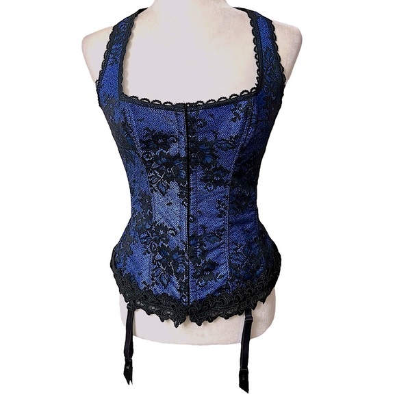Frederick's of Hollywood Other - Fredericks of Hollywood Dream Halter Corset blue with black lace  lace up 38 EUC